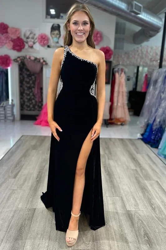 black-velvet-one-shoulder-beaded-long-formal-dress