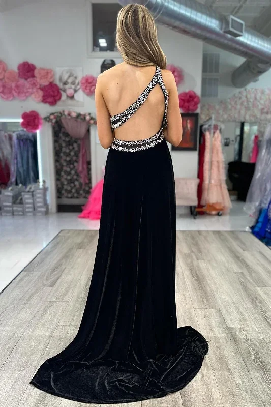 black-velvet-one-shoulder-beaded-long-formal-dress