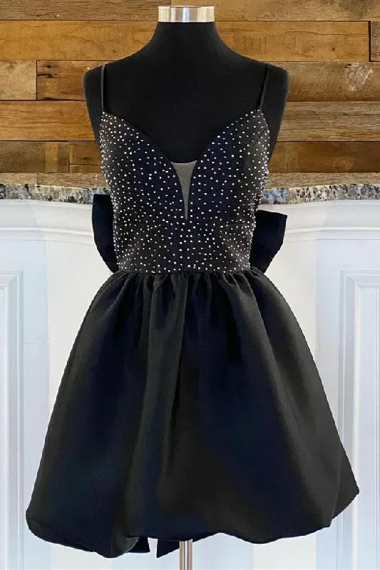 Bow Back Black Beaded Straps A-Line Party Dress