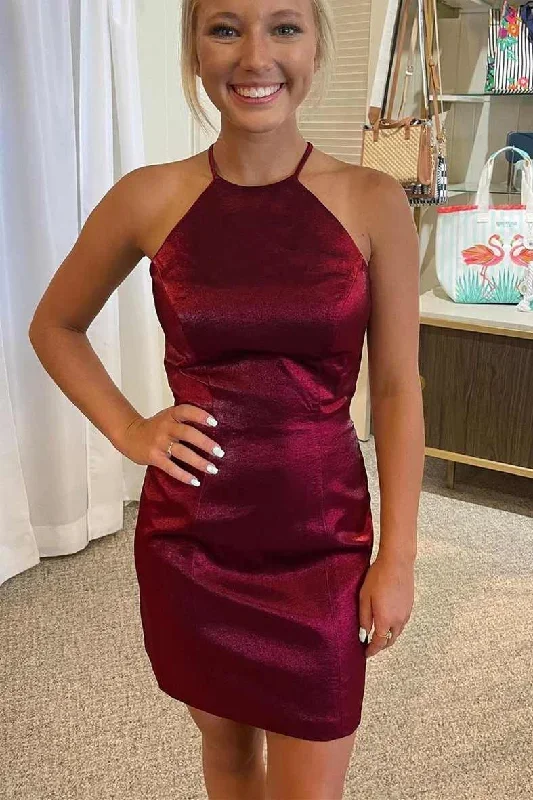 Burgundy Halter Cutout Back Tight Party Dress