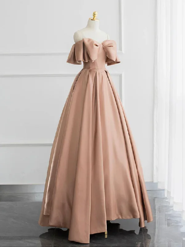 Champagne A-Line Off Shoulder Satin Long Prom Dress, Champagne Formal Dress