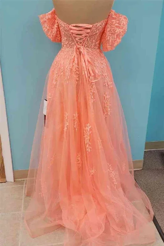 coral-off-shoulder-v-neck-a-line-tulle-applique-lace-up-back-long-prom-dress