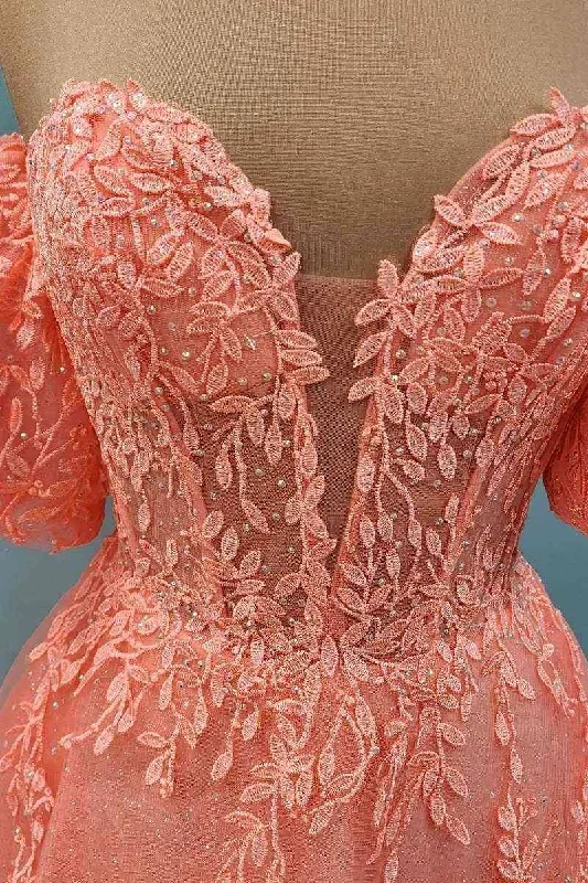 coral-off-shoulder-v-neck-a-line-tulle-applique-lace-up-back-long-prom-dress