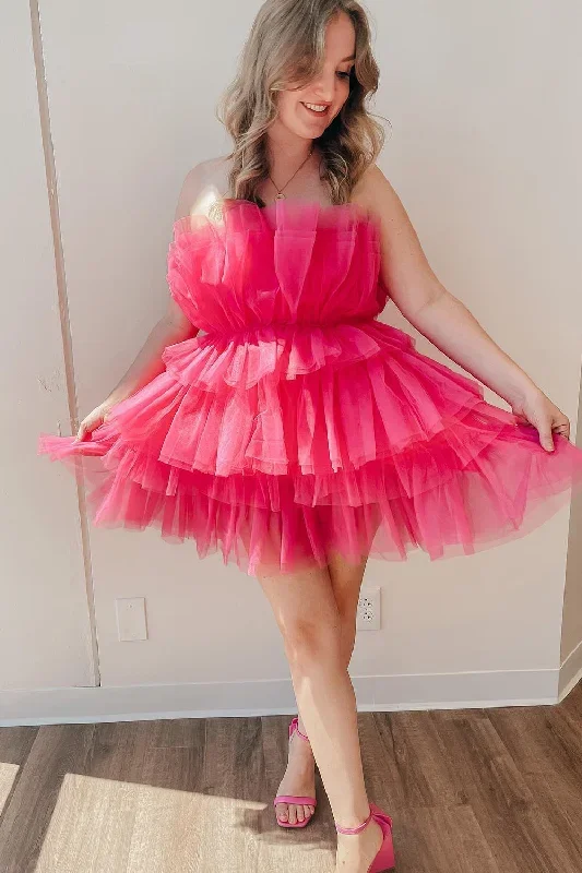 cute-hot-pink-strapless-tiered-tulle-party-dress