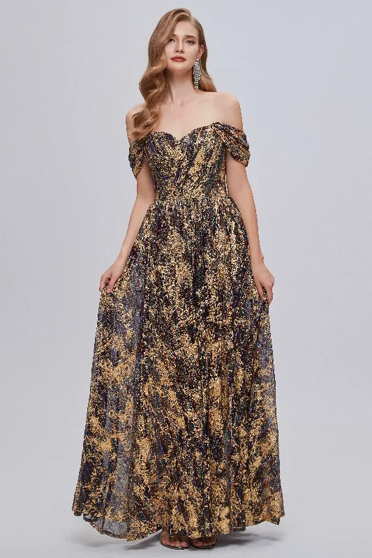 Floral Print Off-the-Shoulder A-Line Long Prom Dress