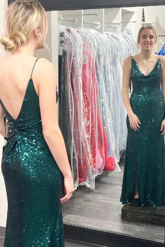 Green Sequin Cowl Neck Backless Long Formal Dress