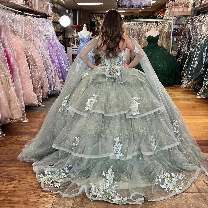 green-shiny-spaghetti-strap-quinceanera-dress-2024-appliques-sequined-lace-tull-with-cape-vestido-de-15-quinceaneras