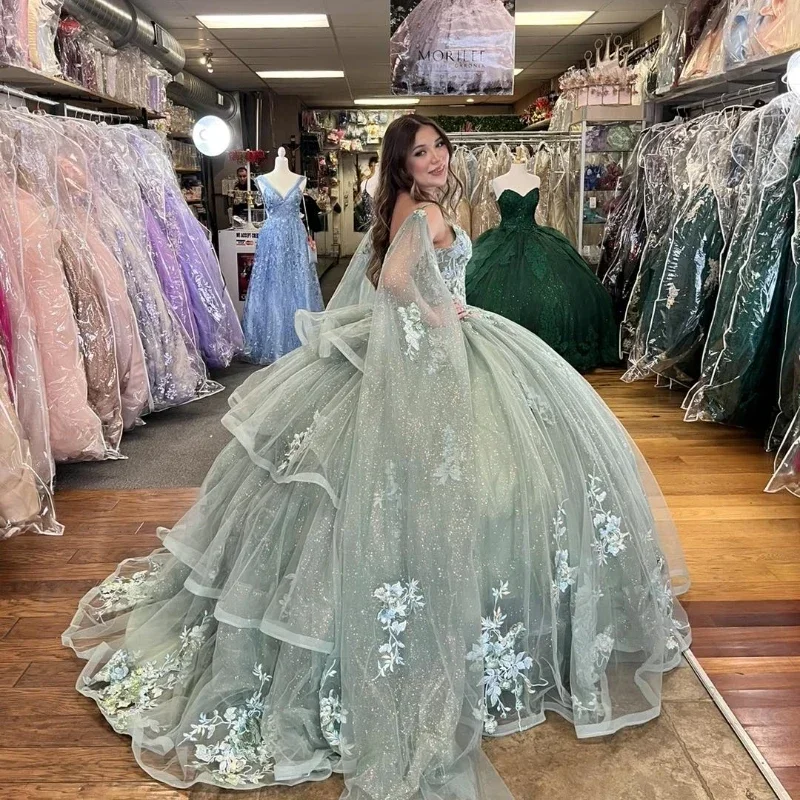 green-shiny-spaghetti-strap-quinceanera-dress-2024-appliques-sequined-lace-tull-with-cape-vestido-de-15-quinceaneras