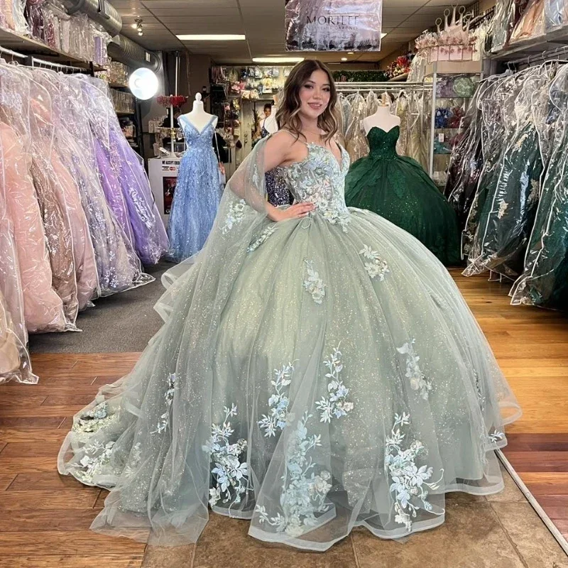 green-shiny-spaghetti-strap-quinceanera-dress-2024-appliques-sequined-lace-tull-with-cape-vestido-de-15-quinceaneras