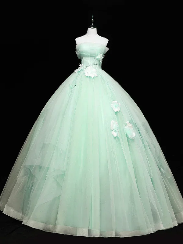 Green Tulle Lace Applique Long Prom Dresses, Green Sweet 16 Dresses