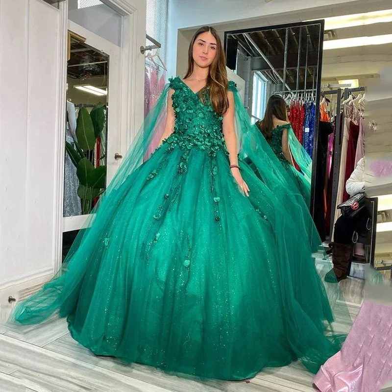 green-v-neck-ball-gown-quinceanera-dresses-15-years-sexy-off-shoulder-3d-flower-with-cape-tulle-formal-princess-birthday-gowns