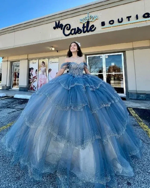 Grey Blue Sparkly Princess Quinceanera Dresses Off Shoulder Luxury Crystal Tiered Skirt vestido xv años Sweet 15 Prom