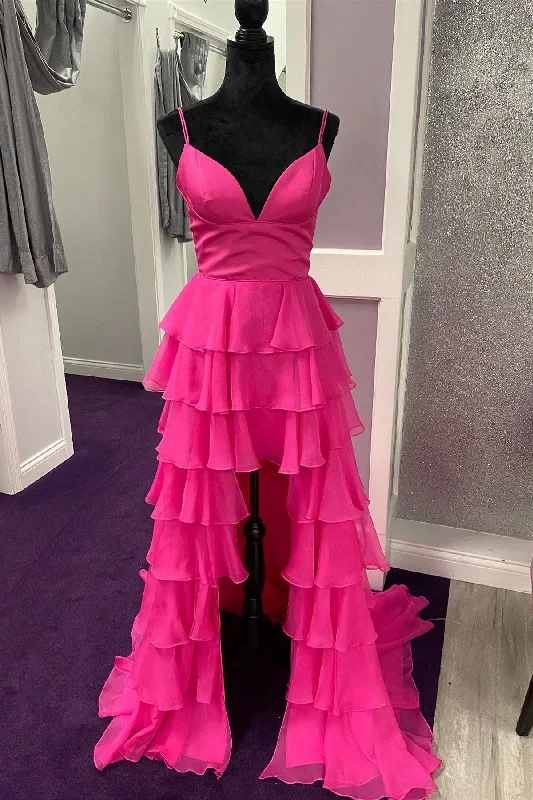 High-low Hot Pink Multi-tiered Long Prom Dress