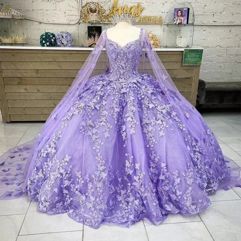 Lilac lavender Butterfly Quinceanera Dresses With Cape Lace Applique Sweet 16 Dress Mexican Prom Gowns 2024 Vestidos De XV Anos