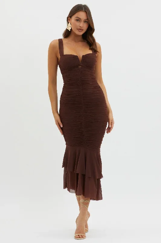 Nadia Ruched Fishtail Maxi Dress Chocolate