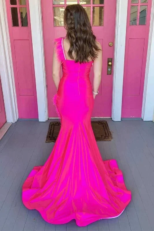 neon-pink-feather-one-shoulder-long-prom-dress