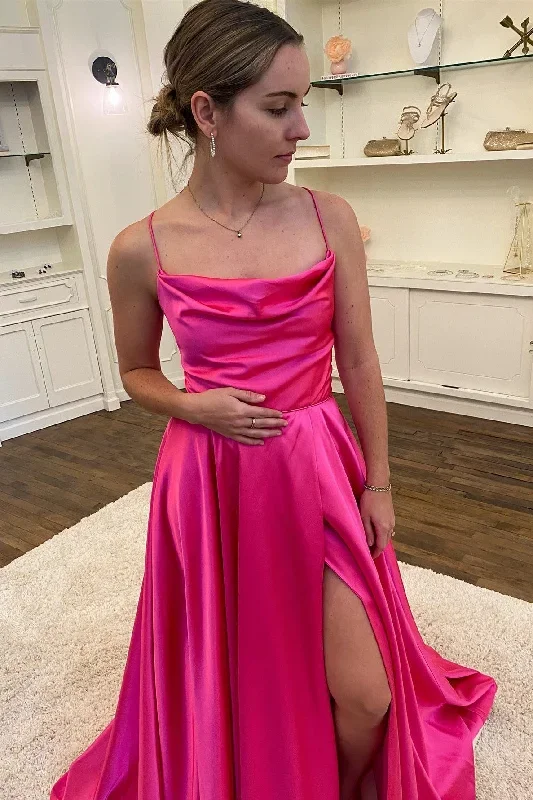 neon-pink-satin-cowl-neck-a-line-long-prom-dress