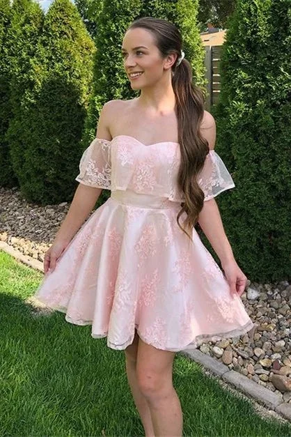 Off the Shoulder Pink Lace Short Party Dress