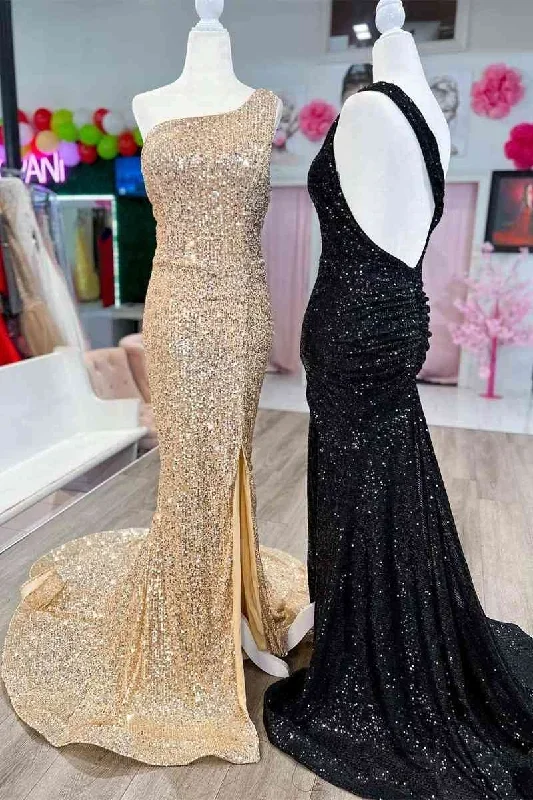 One Shoulder Mermiad Sequins Slit Long Prom Dress