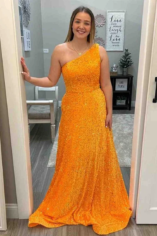 Orange One Shoulder A-line Sequins Long Prom Dress