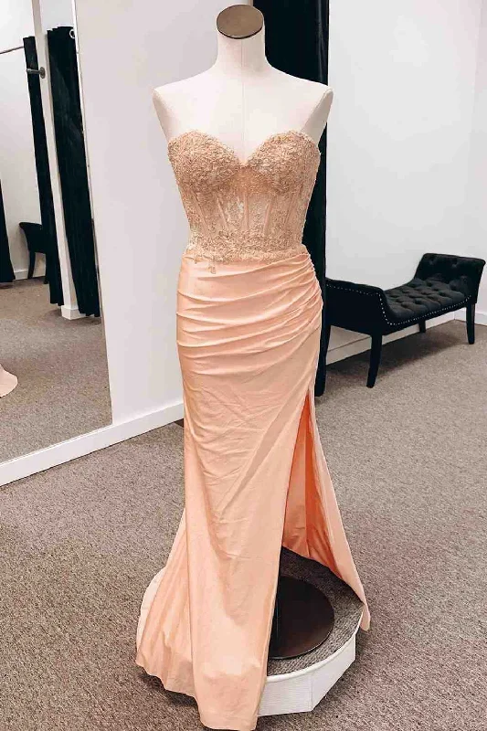 Peach Strapless Mermiad Satin Applique Slit Long Prom Dress