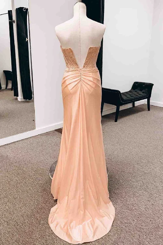 peach-strapless-mermiad-satin-applique-slit-long-prom-dress