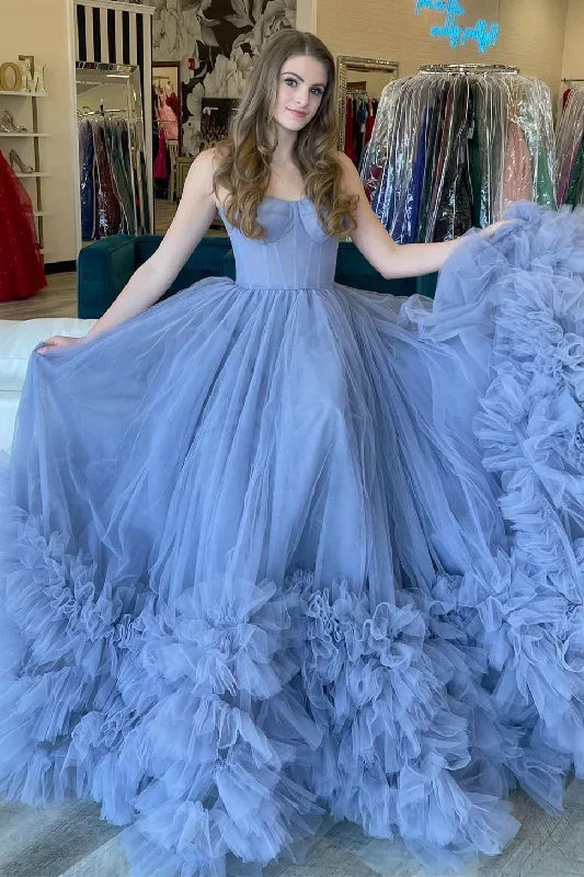 Periwinkle Tulle Strapless Tiered Ball Gown with Ruffles