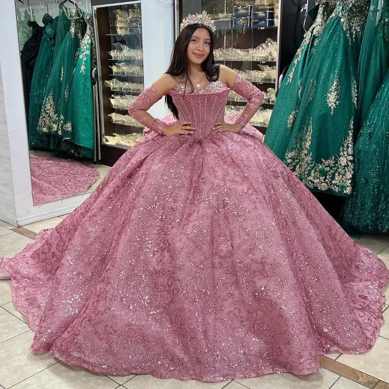 Pink Sparkly Off The Shoulder Quinceanera Dresses Ball Gown Lace Crystal Beading Tull Corset For Sweet 16 Girls vestidos de 15