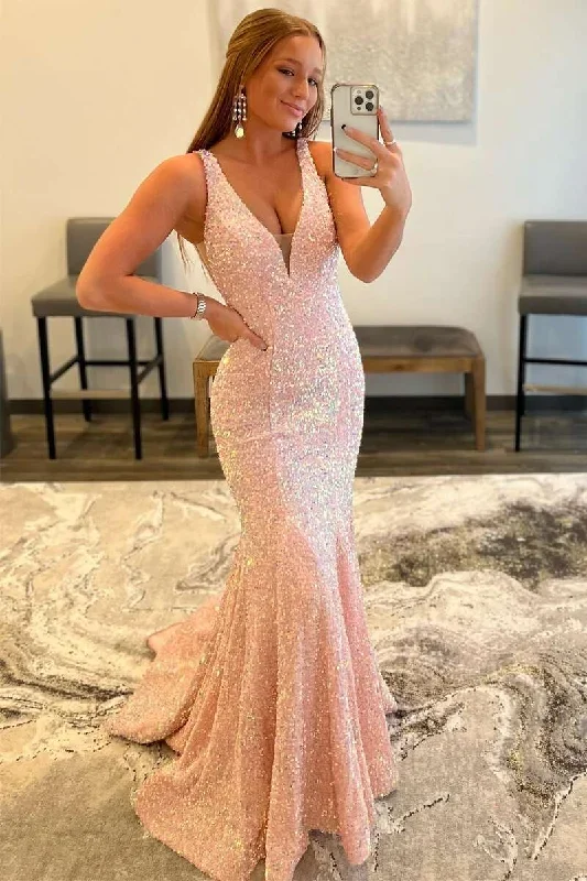 Glitter Plunge Pink Sequin Trumpet Long Formal Dress