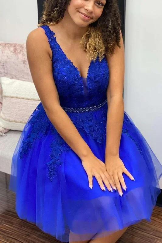 Royal Blue A-line Lace Appliques Short Homecoming Dress