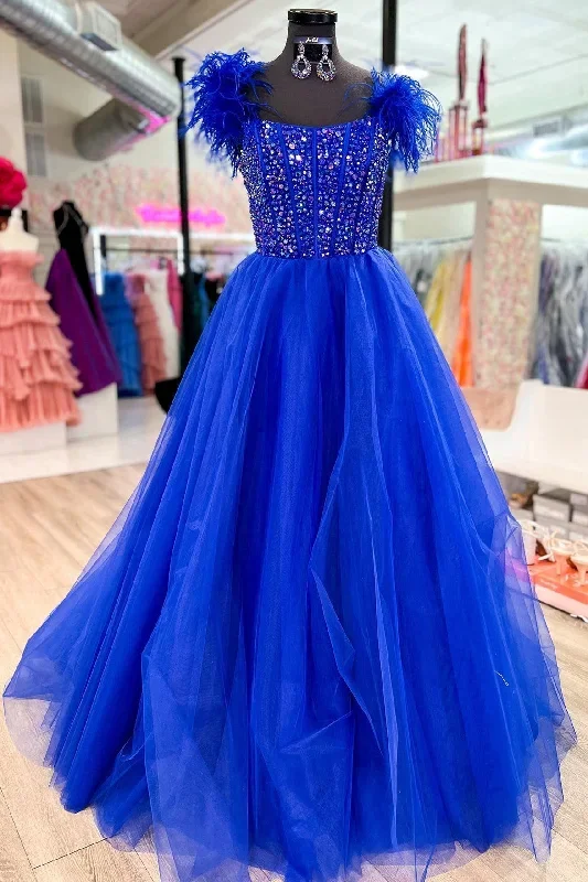 Royal Blue A-line Scoop Neck Rhinestone Long Prom Dress with Feathers