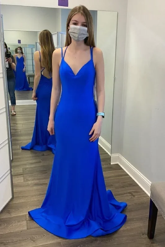 Royal Blue Satin Lace-Up Long Formal Dress