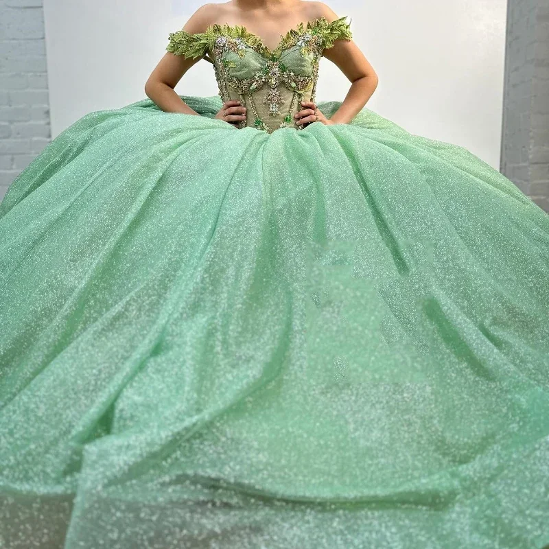 Sage Green Quinceanera Dresses Ball Gown Birthday Party Dress Applique Lace Beads Graduation Gown Sweetheart de 15 anos