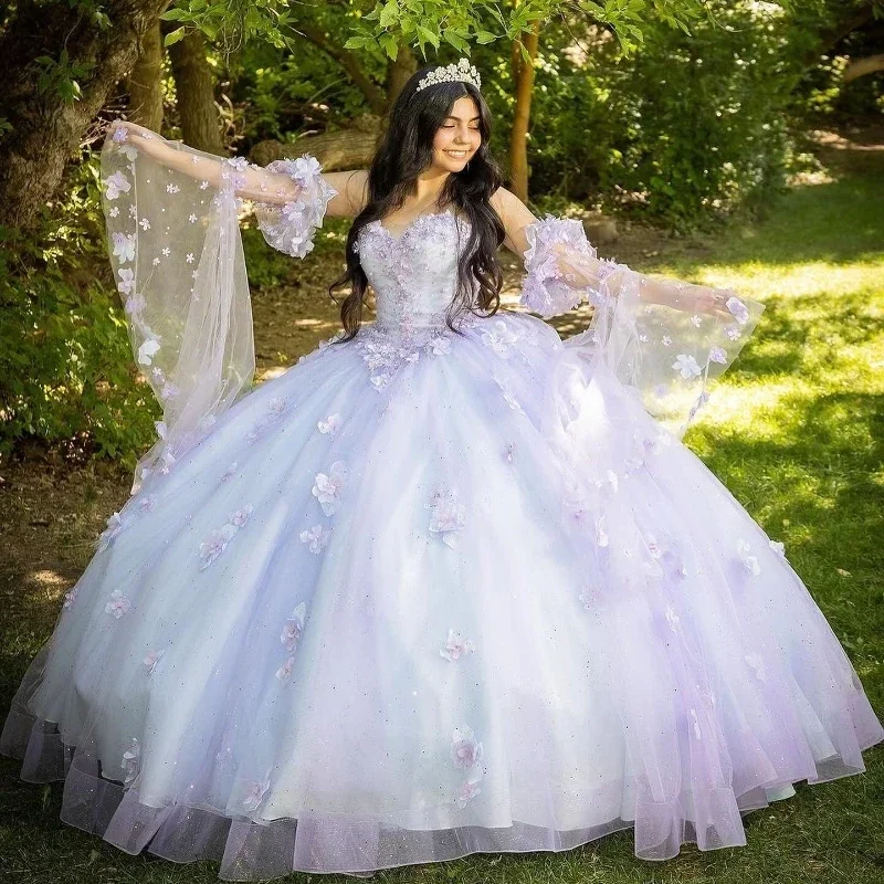 Sexy Sweetheart Quinceanera Dresses Ball Gown Off The Shoulder Long Sleeve Floral Appliques Lace Handmade Flowers Sweet 15 Party