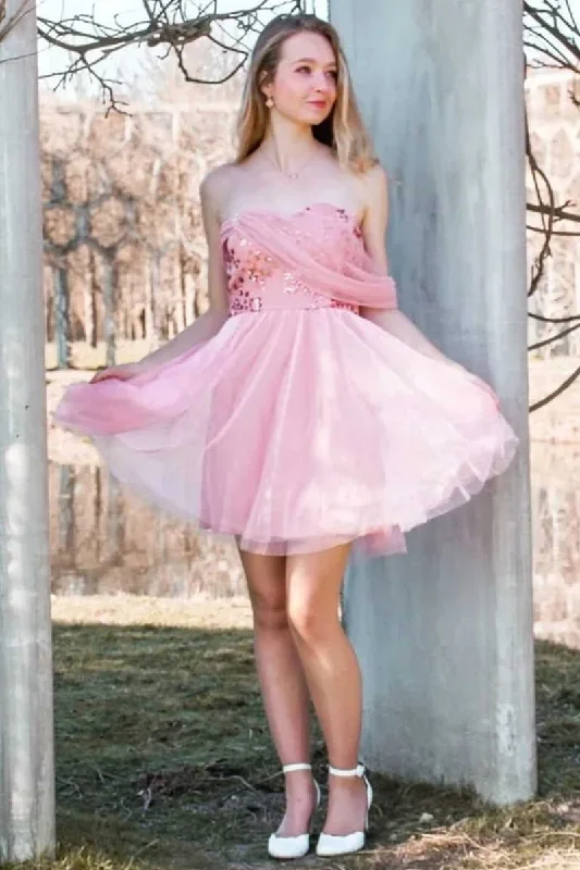 Shining Pink Sequined Strapless Short Homecoming Dress