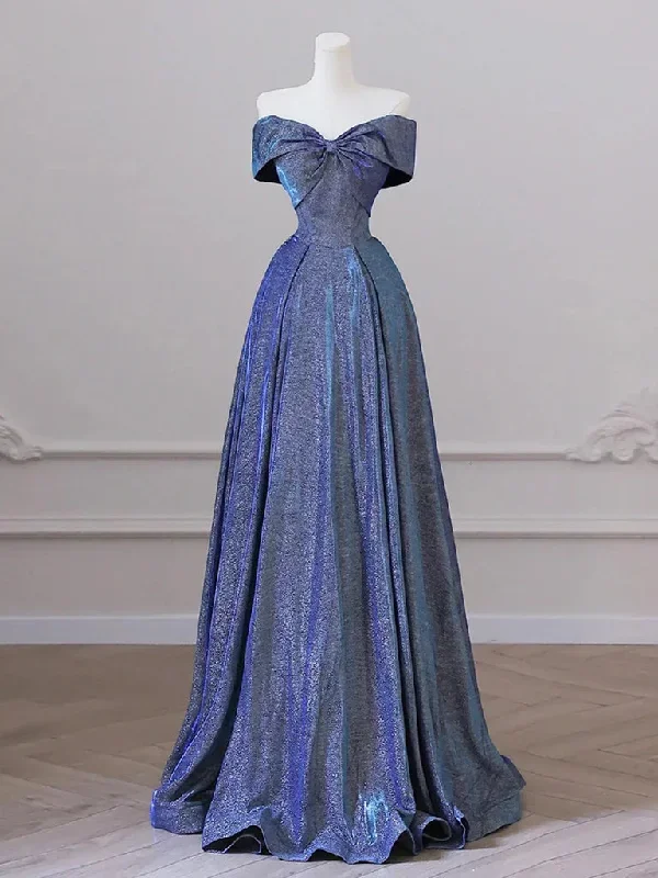 Simple A-Line Shiny Satin Blue Long Prom Dress, Blue Long Formal Dress