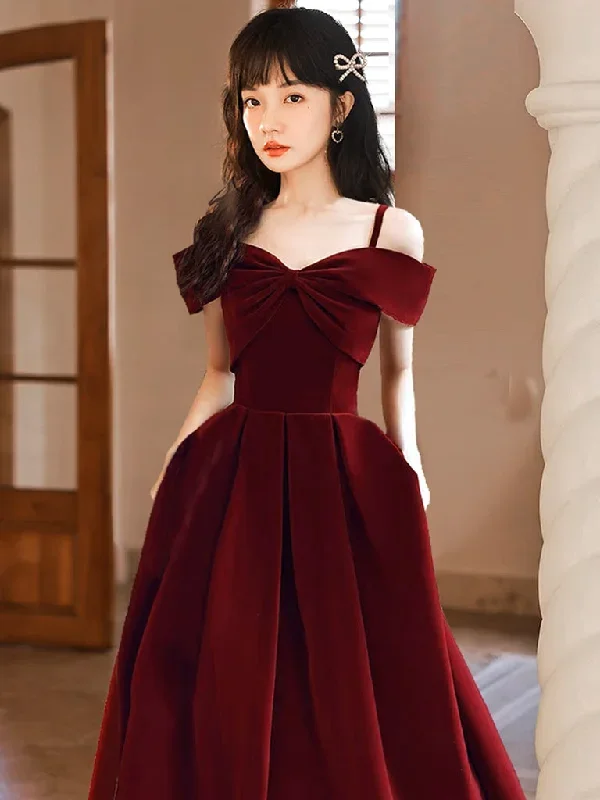 simple-off-shoulder-a-line-tea-length-velvet-burgundy-prom-dress