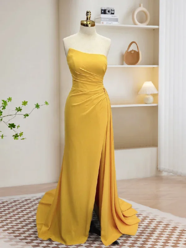 Simple Yellow Satin Long Prom Dress, Yellow Formal Dress