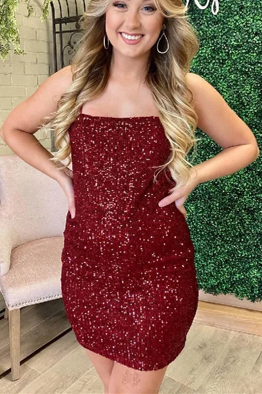 Tight Burgundy Sequins Short Party Dress