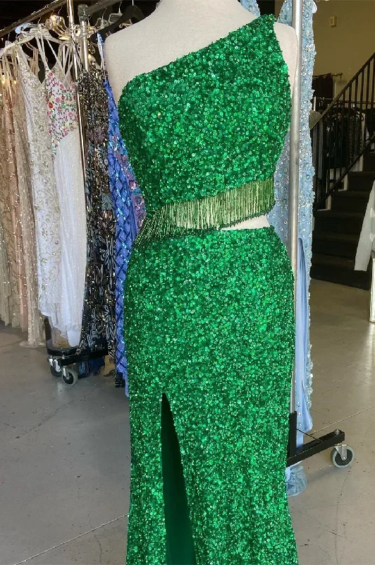 two-piece-green-sequin-one-shoulder-tassel-long-prom-dress