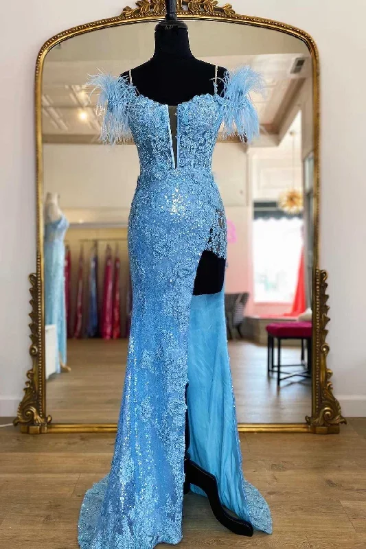 Blue Sequin Appliques Cold-Shoulder Long Prom Gown with Slit